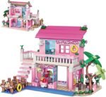 Rožinis mergaičių pajūrio paplūdimio vilos konstravimo rinkinys, suderinamas su „Lego Friends“ konstravimo mokomuoju žaislu 6–12 metų ir vyresniems vaikams 474 vnt.