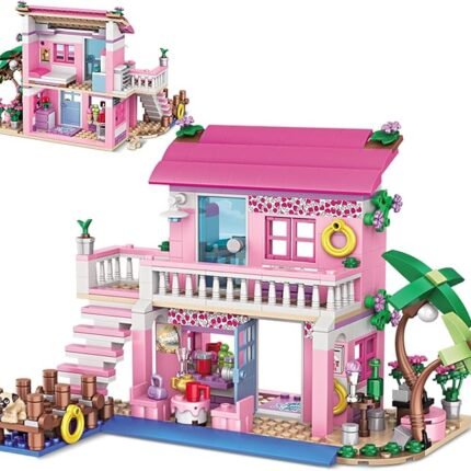 Rožinis mergaičių pajūrio paplūdimio vilos konstravimo rinkinys, suderinamas su „Lego Friends“ konstravimo mokomuoju žaislu 6–12 metų ir vyresniems vaikams 474 vnt.