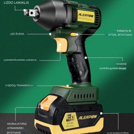 Akumuliatorinis smūginis veržliaraktis Aleapow, 18V 4.0Ah