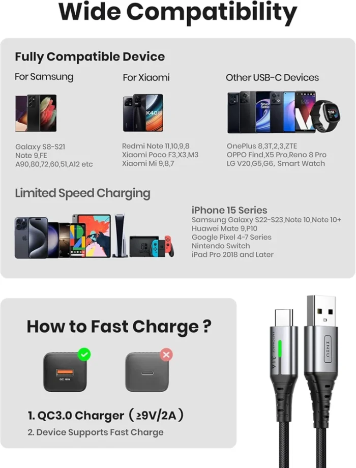 INIU USB A–USB C įkrovimo laidas, [0,5 m / 1 m / 2 m], 3,1 A greito įkrovimo pintas laidas