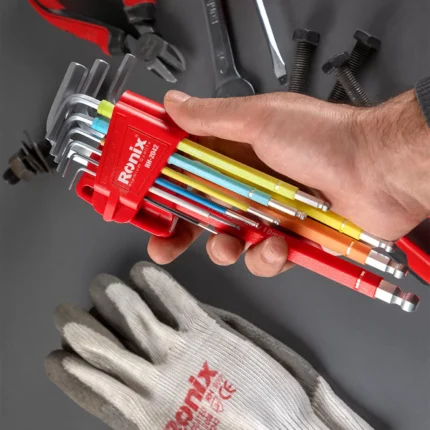 Spalvotas pailgintų šešiakampių raktų rinkinys su rutuliniu antgaliu (9 vnt.) (RH-2042)